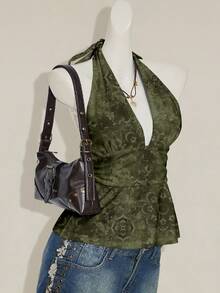 SHEIN ICON 女式花卉印花露背深 V 领收腰 A 字形露背吊带背心 - 軍綠色 - 查看 6
