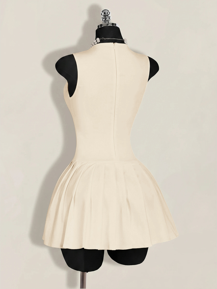 SHEIN ICON Women's Solid Color Minimalist Round Neck Pleated Elegant Dress - Apricot - View 7