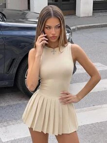 SHEIN ICON 女士纯色简约圆领褶皱优雅连衣裙 - 杏色 - 查看 1