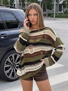 SHEIN ICON Women's Olive Green Dropped Shoulder Long Sleeve Distressed Knit Sweater Everyday Going Out Holiday Autumn Grunge Streetwear - Multicolor - View 1