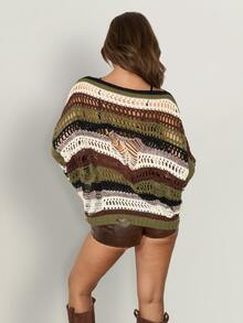 SHEIN ICON Women's Olive Green Dropped Shoulder Long Sleeve Distressed Knit Sweater Everyday Going Out Holiday Autumn Grunge Streetwear - Multicolor - View 2