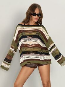SHEIN ICON Women's Olive Green Dropped Shoulder Long Sleeve Distressed Knit Sweater Everyday Going Out Holiday Autumn Grunge Streetwear - Multicolor - View 4