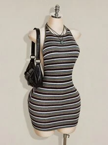 SHEIN ICON 女款百搭時尚灰色拼接掛脖洋裝，適合外出夜生活，夏季性感風格 - 綠色 - 查看 6