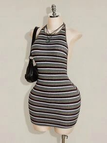 SHEIN ICON 女款百搭時尚灰色拼接掛脖洋裝，適合外出夜生活，夏季性感風格 - 綠色 - 查看 4
