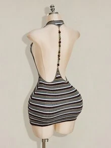 SHEIN ICON 女款百搭時尚灰色拼接掛脖洋裝，適合外出夜生活，夏季性感風格 - 綠色 - 查看 3
