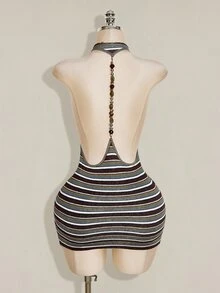 SHEIN ICON 女款百搭時尚灰色拼接掛脖洋裝，適合外出夜生活，夏季性感風格 - 綠色 - 查看 2