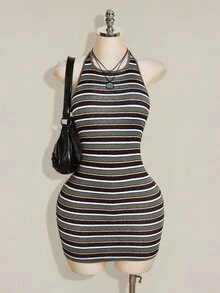 SHEIN ICON 女款百搭時尚灰色拼接掛脖洋裝，適合外出夜生活，夏季性感風格 - 綠色 - 查看 5