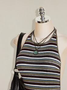 SHEIN ICON 女款百搭時尚灰色拼接掛脖洋裝，適合外出夜生活，夏季性感風格 - 綠色 - 查看 10