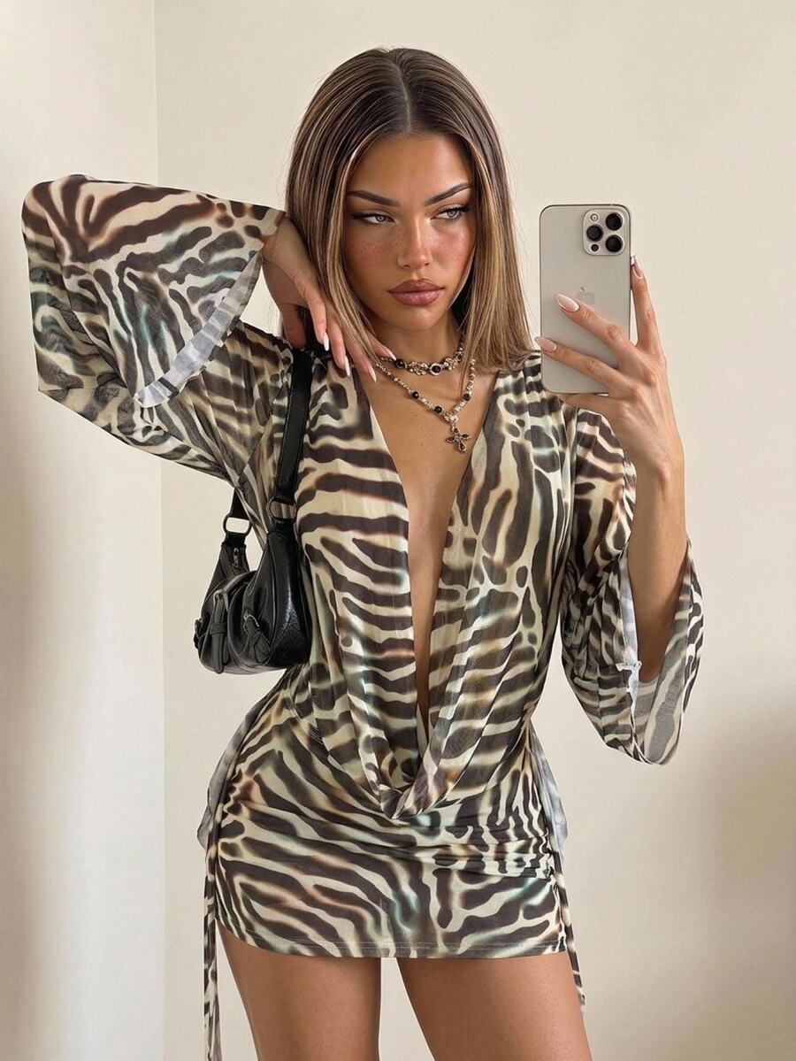 SHEIN ICON 女款斑馬紋垂領長袖性感迷你洋裝 - 彩色 - 查看 1