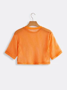 SHEIN ICON Summer Solid Y2k Crop Mesh Top Without Bra - Orange - View 2