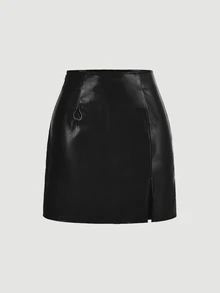 SHEIN ICON Women Solid Split Hem PU Leather Mini Skirt - Black - View 3