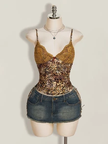 SHEIN ICON Spaghetti Strap Leopard Print Lace Trim Camisole,Summer Top - Brown - View 11