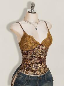 SHEIN ICON Spaghetti Strap Leopard Print Lace Trim Camisole,Summer Top - Brown - View 7