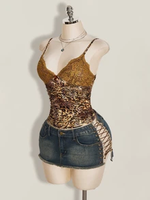 SHEIN ICON Spaghetti Strap Leopard Print Lace Trim Camisole,Summer Top - Brown - View 4