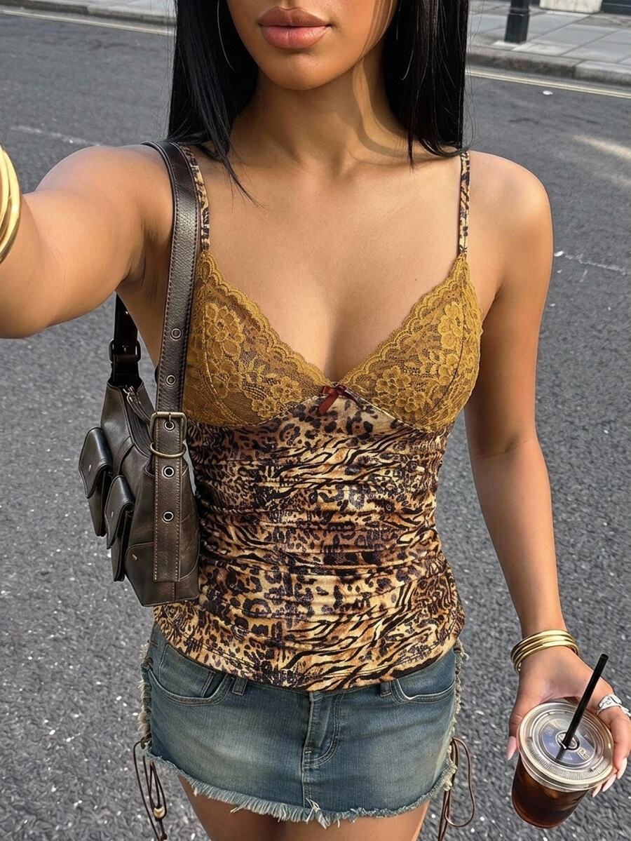 SHEIN ICON Spaghetti Strap Leopard Print Lace Trim Camisole,Summer Top - Brown - View 1