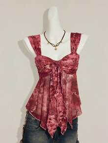 SHEIN ICON Vintage Print Asymmetrical Mesh Hem Women Tank Top,Summer Top - Burgundy - View 4