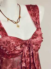 SHEIN ICON Vintage Print Asymmetrical Mesh Hem Women Tank Top,Summer Top - Burgundy - View 9