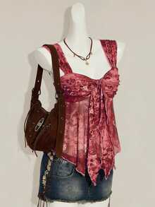 SHEIN ICON Vintage Print Asymmetrical Mesh Hem Women Tank Top,Summer Top - Burgundy - View 6
