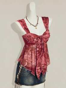 SHEIN ICON Vintage Print Asymmetrical Mesh Hem Women Tank Top,Summer Top - Burgundy - View 7