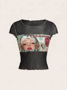 SHEIN ICON 女士休闲短袖圆领印花上衣 - 黑色 - 查看 3