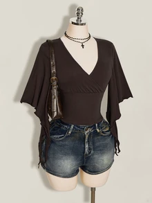 SHEIN ICON 女款夏季休閒素色收腰T恤 - 咖啡棕 - 查看 5