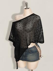 SHEIN ICON 女款純色不對稱肩鏤空休閒百搭日常穿著針織上衣 - 黑色 - 查看 10