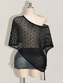 SHEIN ICON 女款純色不對稱肩鏤空休閒百搭日常穿著針織上衣 - 黑色 - 查看 2