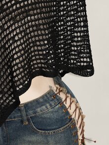 SHEIN ICON 女款純色不對稱肩鏤空休閒百搭日常穿著針織上衣 - 黑色 - 查看 8
