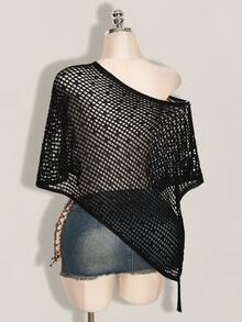 SHEIN ICON 女款純色不對稱肩鏤空休閒百搭日常穿著針織上衣 - 黑色 - 查看 9