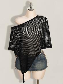 SHEIN ICON 女款純色不對稱肩鏤空休閒百搭日常穿著針織上衣 - 黑色 - 查看 4