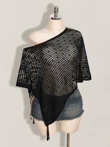 SHEIN ICON 女款純色不對稱肩鏤空休閒百搭日常穿著針織上衣 - 黑色 - 查看 3