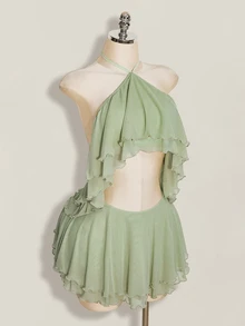 SHEIN ICON Women's Multi-Layer Ruffle Halter Neck Backless Sexy Dress Night Out Sage Green Summer - Mint Green - View 5