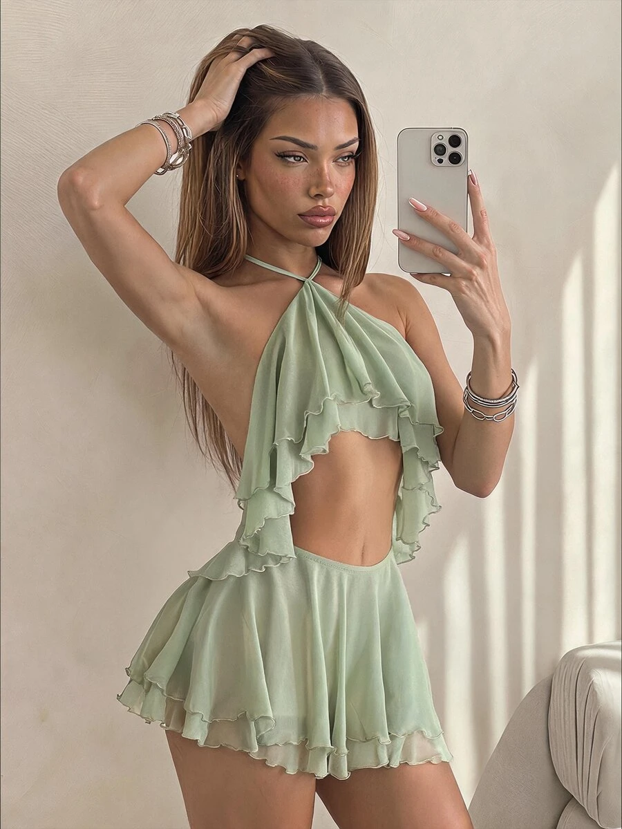 SHEIN ICON Women's Multi-Layer Ruffle Halter Neck Backless Sexy Dress Night Out Sage Green Summer - Mint Green - View 1