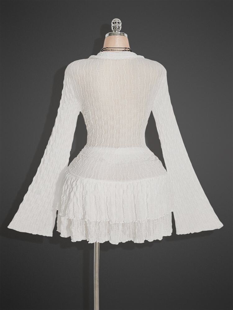 SHEIN ICON Lettuce Edge Asymmetric Hem See-Through Top (Without Bra) Double Layer Cake Skirt Two Pieces Set, Suitable For Autumn - White - View 9