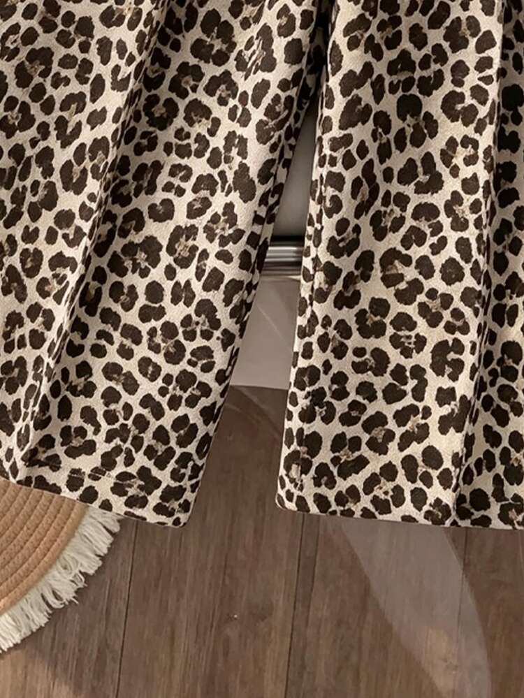 Baby Girls 2 Pieces Set Fashion Casual Leopard Print Bowknot Crew Neck Long Sleeve Sweatshirt & Leopard Print Wide Leg Pants Soft Fabric Suitable For Outings Autumn/Winter - Multicolor - View 4