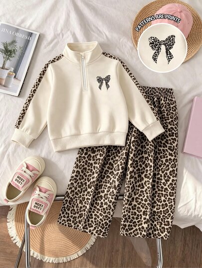 Baby Girls 2 Pieces Set Fashion Casual Leopard Print Bowknot Crew Neck Long Sleeve Sweatshirt & Leopard Print Wide Leg Pants Soft Fabric Suitable For Outings Autumn/Winter
