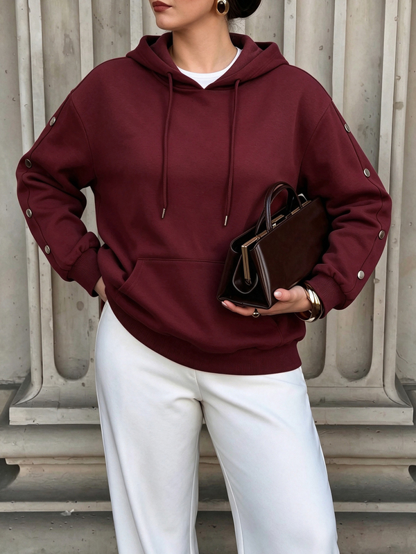 Easura Autumn/Winter Plus Size Women's Burgundy Hooded Pocket Sweatshirt With Side Metal Buttons, Loose Fit, Flattering Streetwear Casual Top Fall