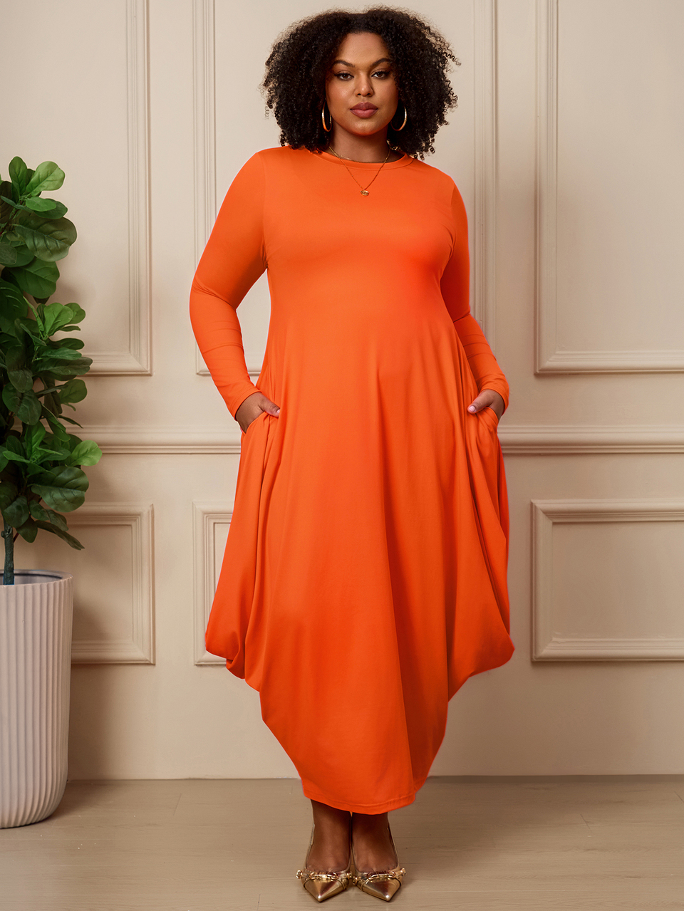 Plus Size Women's Autumn Casual Soft Form Normal Solid Color Long Shirt Dress With Pockets Halloween Hiking Brunch Formal Orange Fall