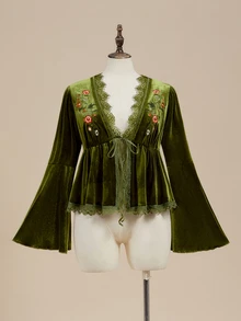 ROMWE Fairycore Plus Size Autumn/Winter Vintage Mori Style Floral Embroidered Velvet Drawstring Open Front A-Line Top Renaissance Festival&Renaissance Faire - Green - View 1