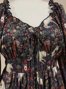 ROMWE Fairycore Gothic Dark Mysterious Palace Sexy Square Neck Lace-Up Petal Sleeve Elastic Waist Design Plus Size Women's Dress - Multicolor - View 3