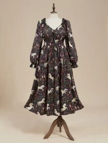 ROMWE Fairycore Gothic Dark Mysterious Palace Sexy Square Neck Lace-Up Petal Sleeve Elastic Waist Design Plus Size Women's Dress - Multicolor - View 1