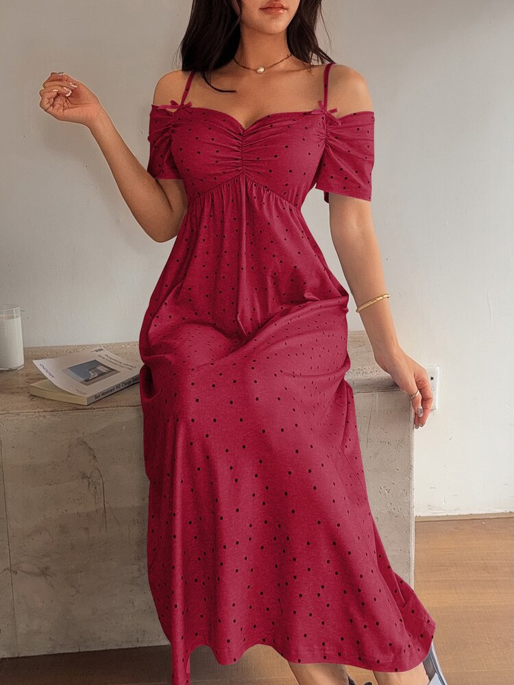 Dream Adore Women's Cute Classy Elegant Off-Shoulder Bowknot Strap Nightgown Sleep Home Black Polka Dot Summer - Red - View 5