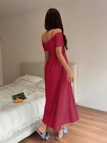 Dream Adore 女款可愛優雅露肩蝴蝶結肩帶睡裙家居服，黑色波點夏季款 - 紅色 - 查看 2