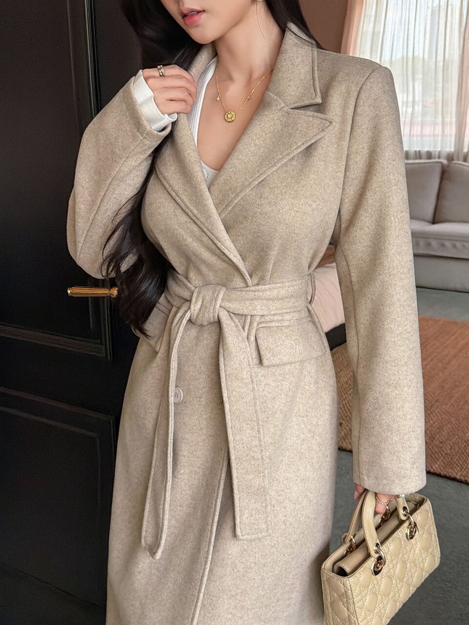 Camel Lapel Tie Waist Belt Slim Fit Long Sleeve Elegant Commute Mid-Length Overcoat