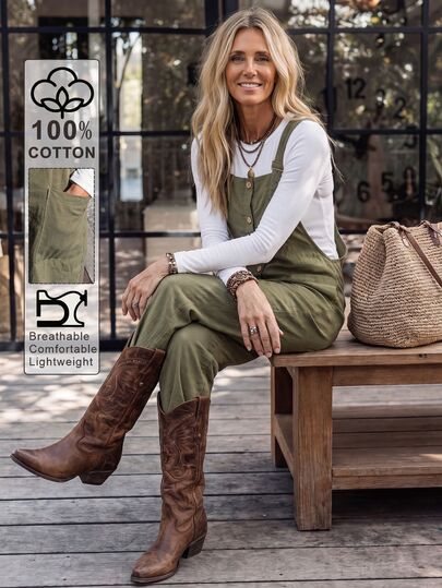 LanaWest Linen Army Green Vintage Pocket Straight Leg Overalls Fashion Loose Casual Western Bohemian Country Style Women Jumpsuit Dungarees Autumn Winter New