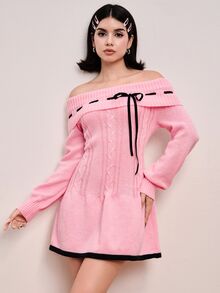 Sweetness Sweet Girl Pink Off-Shoulder Tie Bow Women's Sweater Dress - Pink - View 4