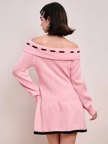 Sweetness Sweet Girl Pink Off-Shoulder Tie Bow Women's Sweater Dress - Pink - View 3