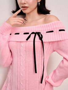 Sweetness Sweet Girl Pink Off-Shoulder Tie Bow Women's Sweater Dress - Pink - View 6