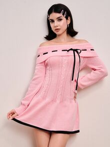Sweetness Sweet Girl Pink Off-Shoulder Tie Bow Women's Sweater Dress - Pink - View 1