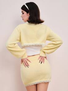 Sweetness Autumn/Winter Sweet Pastel Yellow Cropped Cardigan & Bow Skirt 2 Pieces Knit Set For Women - Pale Yellow - View 8